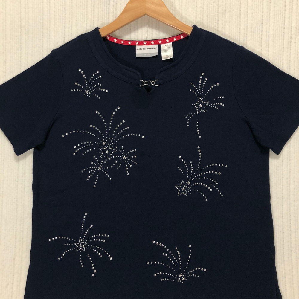 Alfred Dunner Petite Top Rhinestoneโ Embellished Patriotic Navy Tee PM
